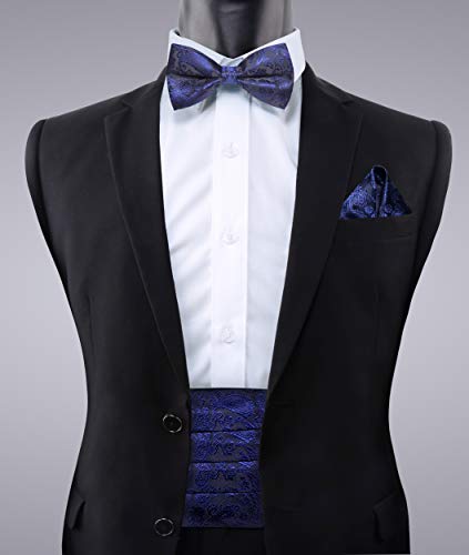 Image of Alizeal Mens Multicolored Silk Solid Cummerbund Bow Tie Set | with Cummerbund Pocket Square Pre-tied Adjustable for Mens Gift