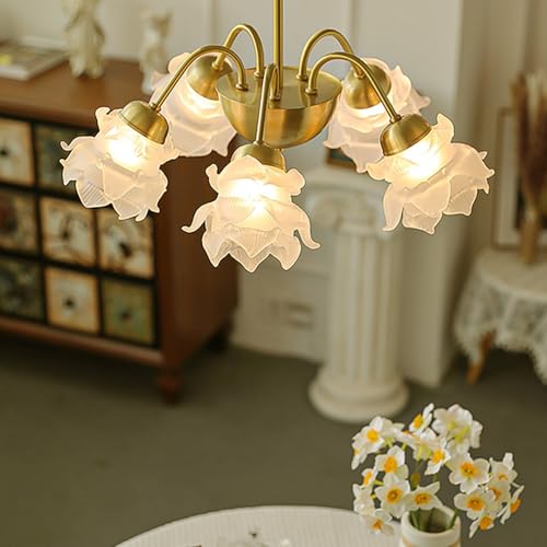Swemopp 6-Light White Milk Glass Flower Chandelier For Dining Room Sputnik Hanging Pendant Light Ceiling Kitchen Island Vintage Gold Rose Floral Chandelier thumb #3