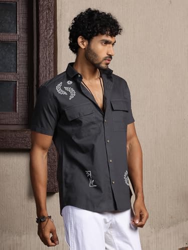 Image of Thomas Scott Men's | Embroidered Printed | Half Sleeve | Regular Fit | 100% Cotton | Double Pocket | Spread Collar | Casual Shirt
