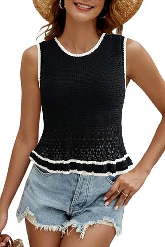 Image of VIMPUNEC Womens Crochet Crop Tank Tops Sleeveless Knit Sweater Vest Ruffle Hem Summer Top