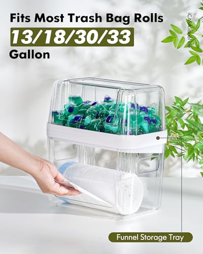 iCASA Trash Bag Dispenser Dishwasher Pods Container Under Sink Organizer | 3 in 1 Stackable Trash Bag Holder Garbage Bag Dispenser for 13/30/33 Gallon Bags, Clear Storage Bins Laundry Pods Container - Image 5