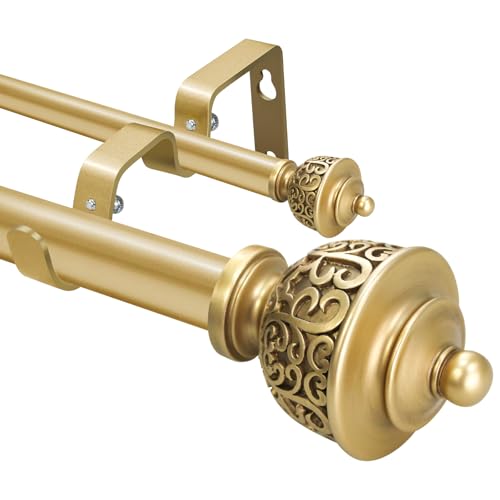 Tringle à rideaux double dorée de 2,5 cm avec embouts de style vintage - Tringle à rideaux de 71,1 à 122 cm pour chambre à coucher et décoration...