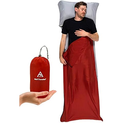 WELL TRAVELED Sleeping Bag Liner, Lightweight Adult Sleeping Sheet for Hiking, Backpacking and Camping, Easily Removable and Washable, Silky Smooth Fabric, Simple to Stuff Sack (Red (Right Zipper)) Cover