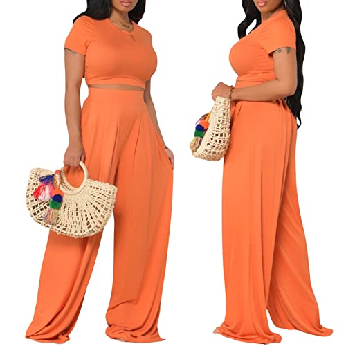 Image of Casual Summer 2 Piece Outfits for Women Crop Top High Waist Pants Sets