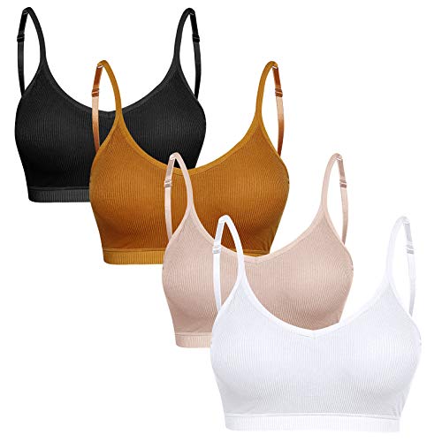 INIBUD Seamless Bralettes for Women - Women's V-Neck Cami Bras Wirefree Adjustable Straps Sleeping Bras Sports Everyday Bras Pack 2pcs/4pcs (Black&Caramel&Khaki&White, Medium)