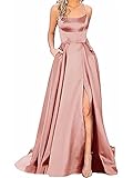 Onsoyours Ballkleider Damen Off Shoulder Kleider Lang Elegant Hochzeit A-Linie Criss-Cross Satin Spaghetti Party Prom Dress Abendkleider Schlitz Cocktailkleid Brautkleid Festkleider B Rosa M