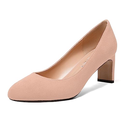 SKYSTERRY Womens Round Toe Fashion Dating Slip On Suede Block Mid Heel Pumps Shoes 2.5 Inch