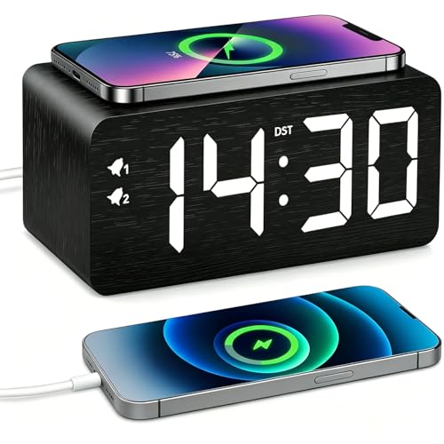 URAYCO Wood Digital Alarm Clock with 10W Fast Wireless Charger, USB Charging Ports, DST, Dimmable, Snooze, Large Number LED Display for Bedrooms, Desk, Living Room Table, Bedside, Nightstand (Black)