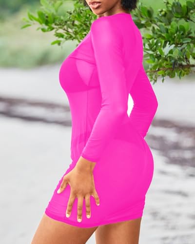 Daci Women's Sexy Sheer Mesh Swimsuit Cover up with Long Sleeves Beach Dress Bodycon Style3