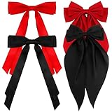 Atoden Hair Bows Black Red 4Pcs Silky Satin Hair Ribbons Cute Coquette Bows Oversized Long Tail Bow Hair Barrettes Metal Clips Big Bowknot Hair Accessories for Women Teen Girl Gifts Trendy Stuff