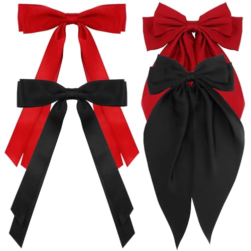 Atoden Hair Bows Black Red 4Pcs Silky Satin Hair Ribbons Cute Coquette Bows Oversized Long Tail Bow Hair Barrettes Metal Clips Big Bowknot Hair Accessories for Women Teen Girl Gifts Trendy Stuff