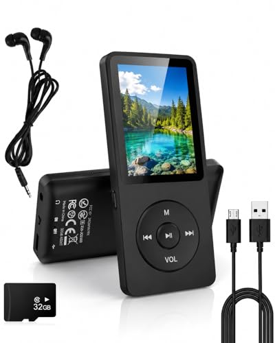 Bluetooth 5.0 MP3 Player mit 70 Stunden Wiedergabezeit, 32GB Speicher, Verlustfreier Klang, HD Lautsprecher, Sprachrekorder, 1,8 Zoll TFT-Bildschirm, AUX Unterstützung