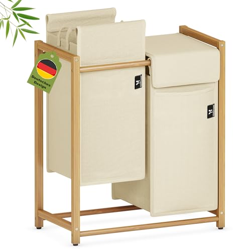 AdelDream Wäschekorb 100L – Bambus Wäschesortierer mit 2 Fächern, abnehmbarer & atmungsaktiver Wäschesack, Wäschebox für Schmutzwäsche & Aufbewahrung im Badezimmer, Waschküche & Schlafzimmer, Beige