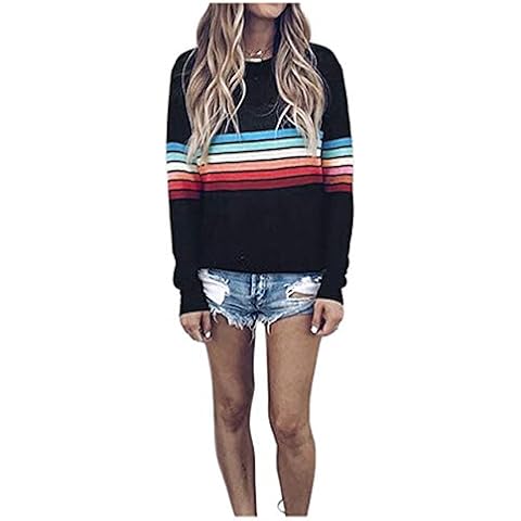 Durcoo Fashion Colorful Stripes Shirt for Women Long Sleeve Rainbow Print Casual Top M Cover