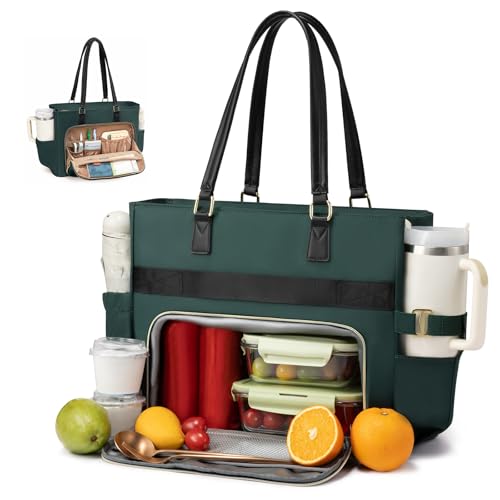 LOVEVOOK Lunch Tote Bag for Women, Work bag with Insulated Lunch Compartment, 15.6 Inch Laptop bag with Cup Holder Large Lunch Bag Purse for Teacher, Nurse, Office, Travel, College, Daily