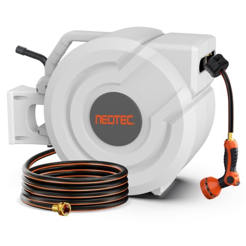 5/8 in 115ft Retractable Garden Hose Reel with Auto Rewind Any Length Lock Heavy Duty Hose Reel,9-Pattern Nozzle,180°Swivel,UV Resistant Wall Mount Water Hose Reel for Outdoor Garden Car Pet Patio by NEOTEC - Used condition - US$109.55