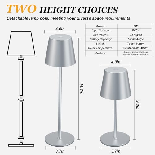 Image of Kakanuo Cordless Table Lamp Rechargeable - Silver Grey 2 Pack 5000mAH Battery Operated Lamp for Counter, 3 Color Stepless Dimming Wireless Lamp for Dining Kitchen, Outdoor Patio, Touch Control