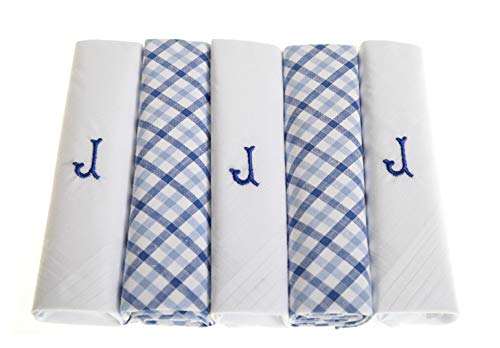 Pañuelos blancos bordados con iniciales, cuadros azules y borde satinado