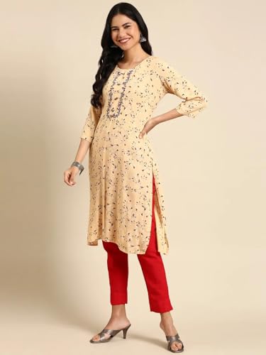 Image of SHOWOFFFF Women Printed Straight Fusion Kurta | Round Neck 3 /4th Sleeves Cotton Kurta for Womens | Regular Fit Calf Length Kurta for Women's