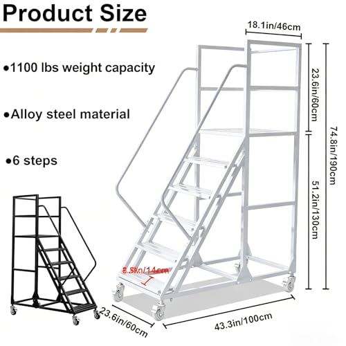 Image of 6 Step Rolling Warehouse Step Ladder, Industrial Mobile Staircase on Wheels, 1100Lbs Weight Capacity, Heavy Duty Mobile Platform Ladder with Handrails, Suitable for Warehouse, Library (White, 6 steps)