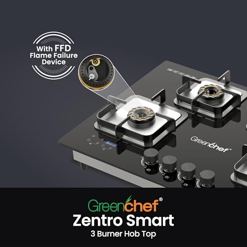 Image of Greenchef Zentro Smart Three burner Glass Hob Top| Digital timer| Featured with Flame failure| Black Color| High efficiency tornado Burners| Dual Purpose Hob(Built In Or Counter top)