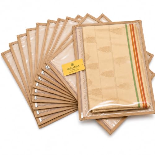 Image of Multiutility Non-Woven Saree Cover Bag Set of 12 with Transparent Window & Zipper | Wardrobe Organizer for Sarees, Lehengas, Dresses & Ethnic Wear | Beige
