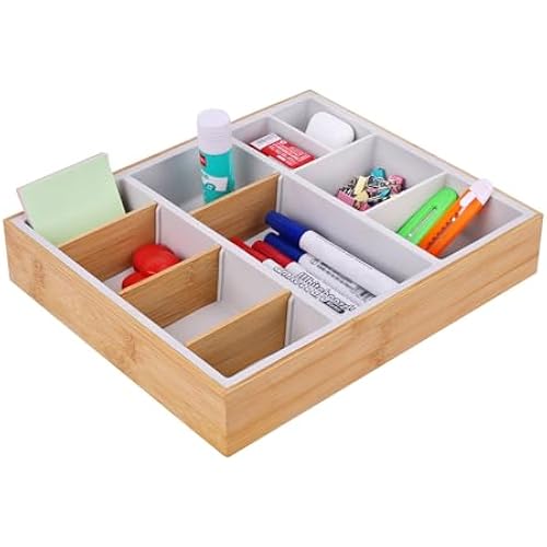 Bamboo Desk Drawer Organizer Tray, Silicone Sturdy Junk Drawer Organizer with 10 Adjustable Compartments, Desk Organizers and Accessories with 4 Removable Dividers for Office Home (White)