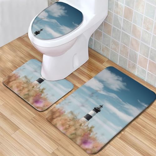 rutschfeste Badematte Ozean-Leuchtturm Badematten Set 3-Teiliges Badezimmerteppich-Set Weich...