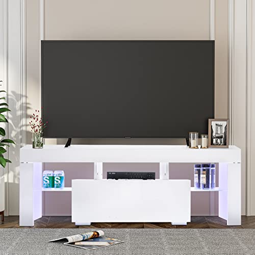 LEADZM Meuble TV LED Laqué 130x35x45 cm avec Rangement en Verre, Convient au Salon ou à la Chambre Blanc (Blanc)