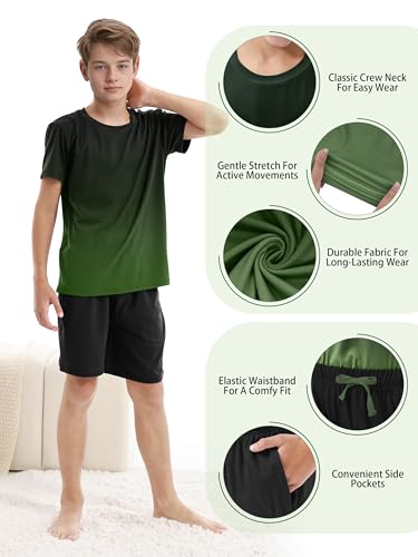 Cooraby 3 Pieces Teen Boys Pajs Short Sleeves Top, Shorts & Pants Soft Loose Fit Outfits with Drawstring Pockets for Summer3