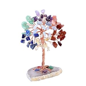 JOVIVI 7 Chakra Healing Crystal Money Tree,Mini Rainbow Gemstone Tree Feng Shui Ornaments Healing Crystal Tree Figurines,Agate Slice Geode Quartz Stone Stand for Home Office Decor