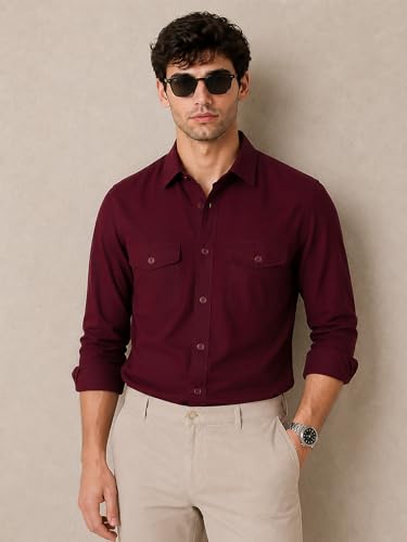 Image of Veirdo Men's Pure Cotton Utility Shirt | Full Sleeve Casual Button-Down with Dual Chest Pockets | Stylish & Comfortable Everyday Wear | Colors: Beige, Black, Maroon, Olive, Rust & White