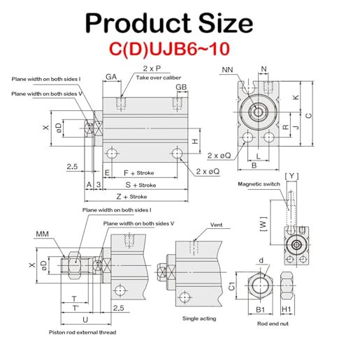 Cilindro neumático pequeño de aluminio cuadrado modelo CUJB de 8mm de carrera 5