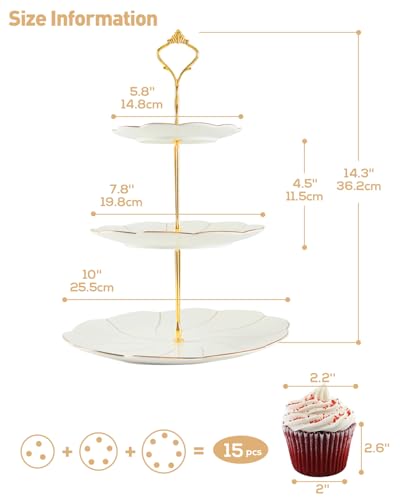 DUJUST Luxury Porcelain 3-Tier Cupcake Stand Tower, British Style Serving Tray with Golden Trim, Food Grade Dessert Display Stand, Beautiful Gift for Tea Party & Home Décor - Image 3