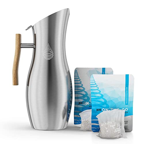 pH Vitality Stainless Steel Alkaline Water Pitcher - Alkaline Water Filter Pitcher by Invigorated Water Plus one 1pk PH ON-The-GO 100g Alkaline Filters Bundle