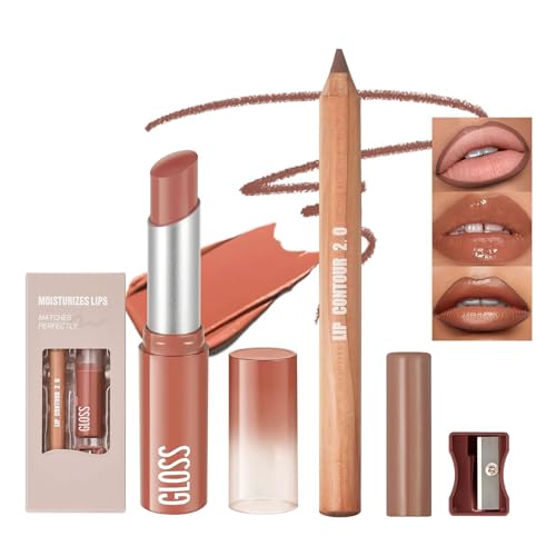 BelleVive Set de lápiz delineador de labios y labial de 2 piezas, set de labiales de alta pigmentación para mujeres, labial mate de larga duración, color 5