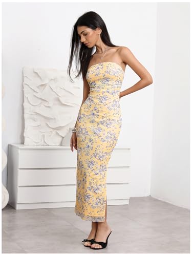 Image of Milumia Women's 2026 Summer Floral Bodycon Maxi Dress Strapless Tube Top Long Dresses Wedding Guest Party