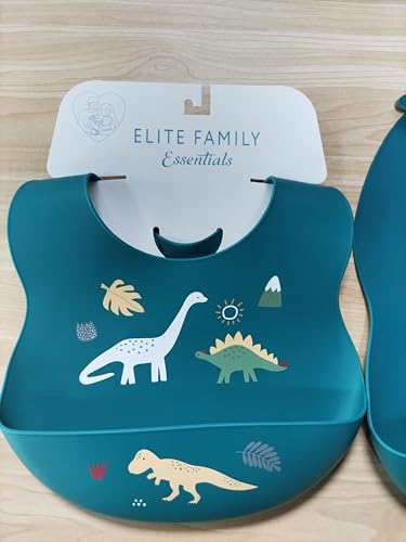 Elite Family Essentials Silicone Baby Bib - Waterproof, Adjustable Feeding Bib for Babies & Toddlers, Dinosaur Design (Olive Green) - Image 4
