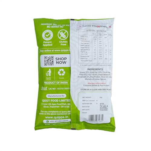 Image of Quipps No Fat Power Bytes - Mast Masala | 60g | High-Protein Puffed Snack | Up to 28% Plant Protein | Inherent Fat Up to 4% | Gluten-Free | Non-Fried | Crunchy, Healthy Multigrain Tea-Time Office Snack | No Preservatives | Patent Applied