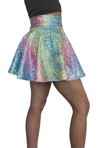 Rainbow Ombre Holographic High Waisted Skater Skirt - Made in USA - Lover Skirt4
