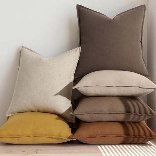 Image of decorUhome Decorative Linen Throw Pillow Covers 20x20 Inch Set of 2 Linen Brown Neutral Pillow Covers with Flange Edges Soft Farmhouse Boho Accent Pillow Cases for Couch Bed Living Room