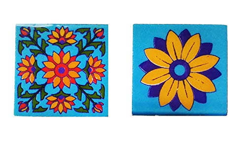 Shiv Kripa Blue Pottery Ceramic Wall Tile Interior Exterior Crafted Tabletop Flooring Wall Floral Ethnic Traditional 2 x 2 inch Tiles Pack of 20 Tiles (Green, Sky Blue & Multi)