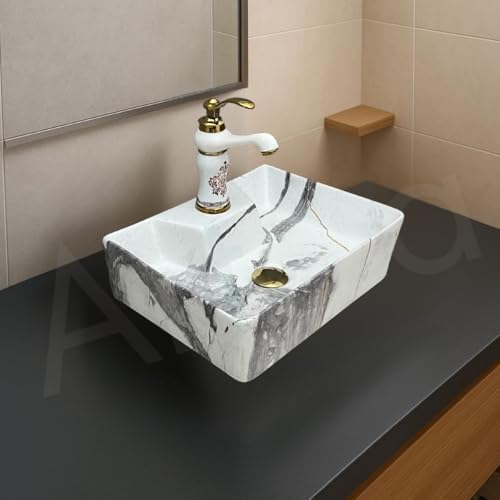 Image of Artiva Designer Ceramic Table Top Wash Basin For Bathroom /Wall Mounted Bathroom Sink /Wall Hung Washbasin /Wash Basin For Cabinet, Countertop, Vanity (Thunder White 16 x 12 x 5 Inch)