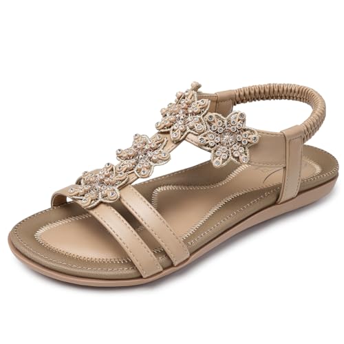 Image of SHIBEVER Dressy Flat Women Sandals: Comfortable Arch Support Womens Sandal | Summer Dress Flowers Boho Back Strap Open Toe Women's Sandals - All Day Comfort Walking Casual Wedding Woman Sandal Shoes