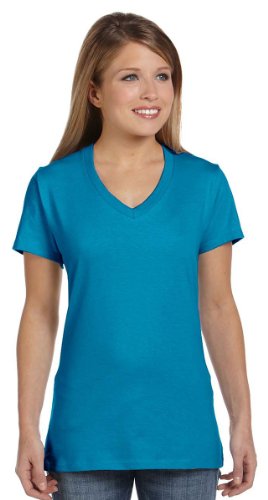 Hanes Ladies Ringspun Cotton nano-T V-Neck T-Shirt, XS, TEAL
