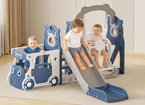 Image of XJD 10 in 1 Toddler Slide, Kids Slide for Toddlers 1-3, Toddler Play Climber Slide Playset with Basketball Hoop and Ball,Toddlers Outdoor Indoor Playground (Blue Glay, Medium)