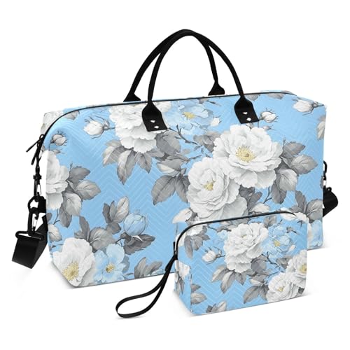 Rose Travel Gym Bag, Rose White Spring Pattern Weekender Overnight Duffle for Women with Toiletry Bag Travel Swim