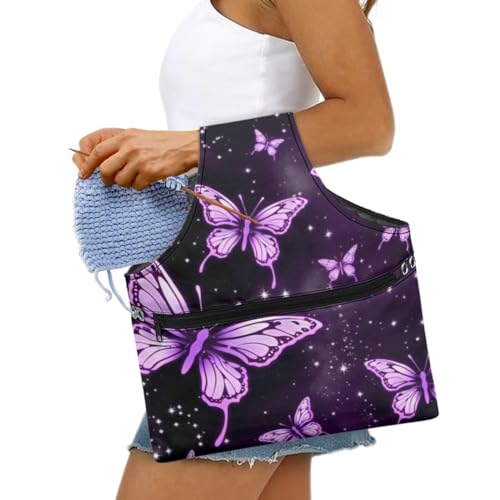 Image of ZUXONGSY Butterfly Yarn Bags for Crocheting Organizer Knitting Bag Yarn Storage Shelves Yarn Project Bag Travel Crochet Tote Bag,Large