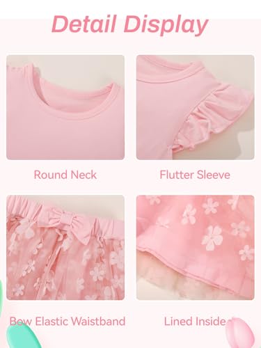 Image of Girls Tulle Skirt Set Kid Toddler Girl 2 Piece Outfits Ruffle Sleeve T-Shirt Bowknot Tutu Dress Birthday Party Outfit