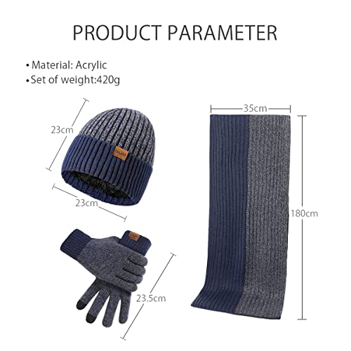 Lumisyne Winter 3 In 1 Set Two-Color Jacquard Touch Screen Gloves Knitted Beanie Hat Long Scarf For Men Women Soft Wool Blue #TOP6